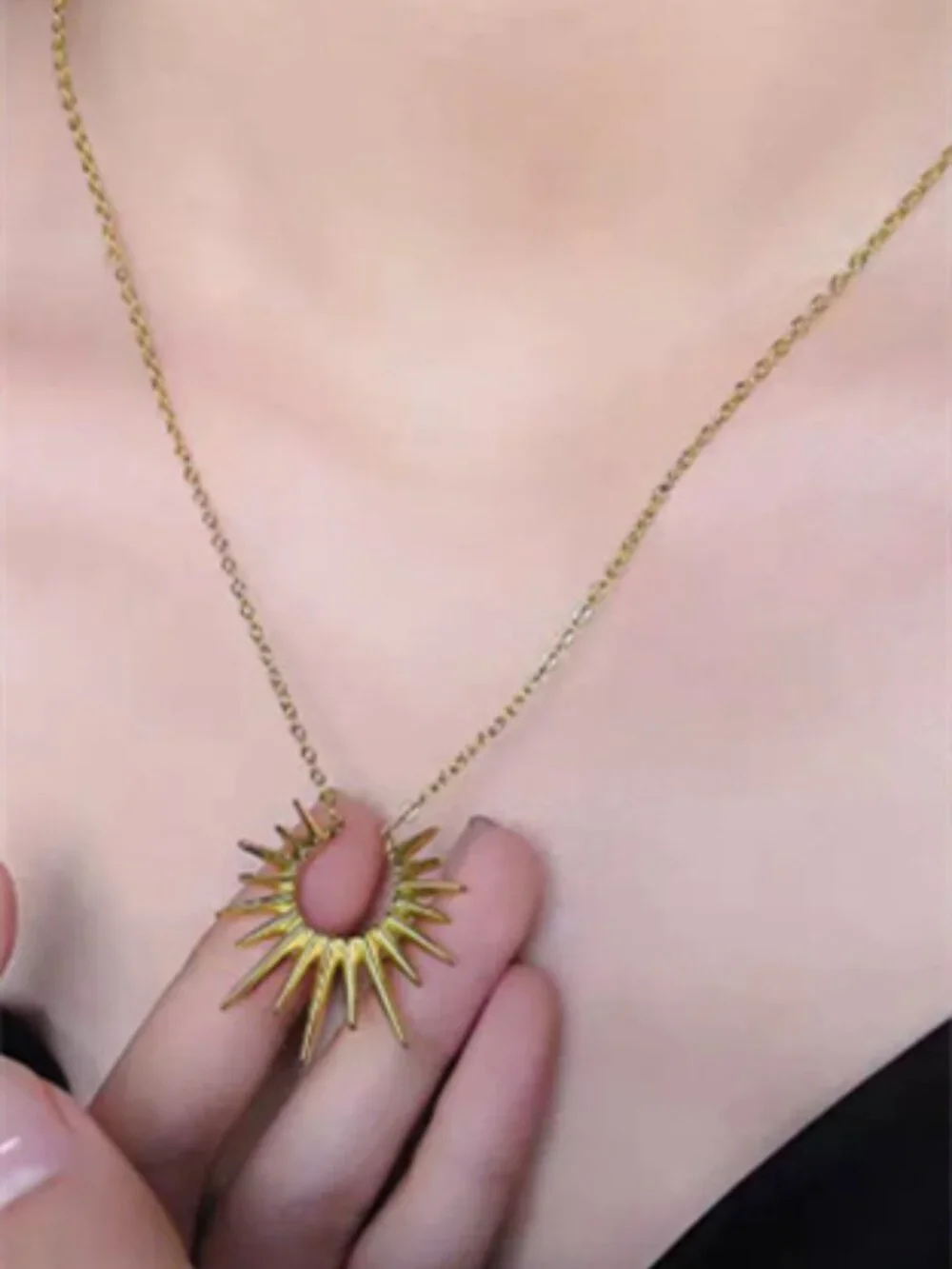 Gold Tone Hollow Sunburst Pendant Thin Chain Dainty Layering Necklace